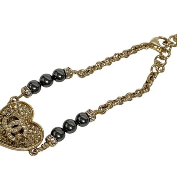 CHANEL CC Logo Rhinestone Black Heart Bracelet 8.2" Gold Tone Auth w/Box D-2300 - Picture 2 of 8
